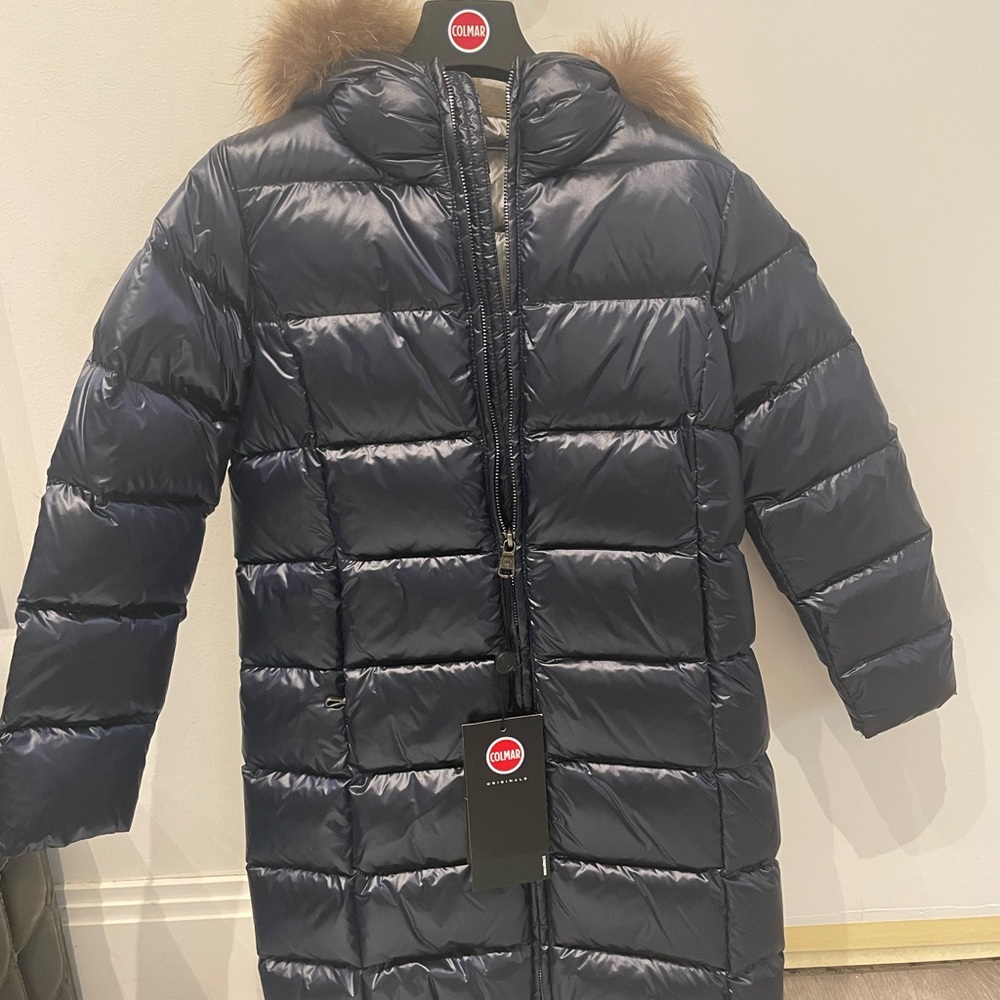 COLMAR Navy Long Kids Puffer Coat with Fur-Trim Hood